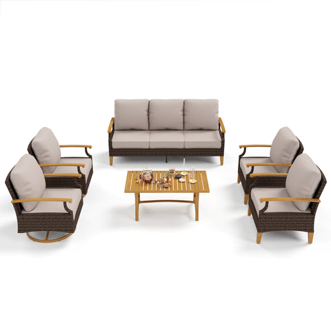 PHI VILLA 7-Seat Luxurious Rattan Wood-grain Patio Sofa Set