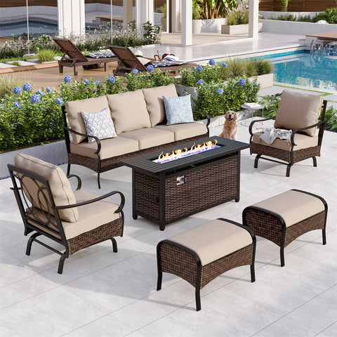 Sophia & William 5-Seater Rattan-steel Luxurious Outdoor Sofa Set with 56" Fire Pit Table