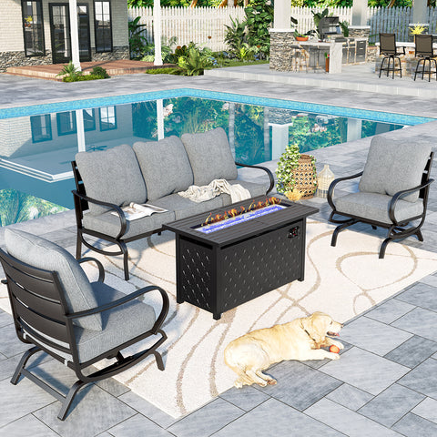 PHI VILLA 5-Seat Thick-cushion Classic Patio Sofa Sets with Leather Grain Fire Pit Table