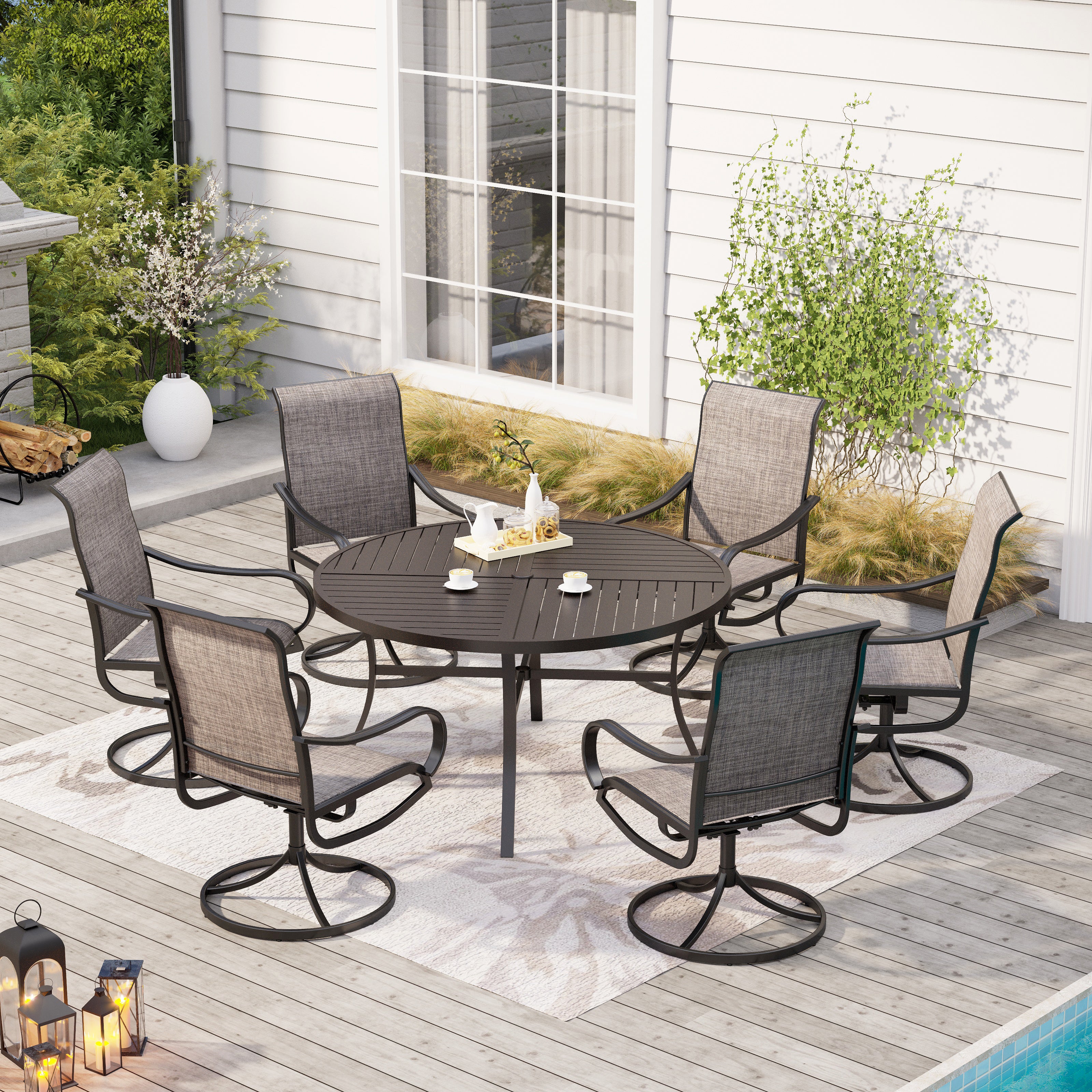 PHI VILLA 7-Piece Patio Dining Set Round Steel Table Textilene Swive