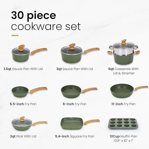 Kitchen Academy Ultimate 30 Pieces Granite-Coating Nonstick Induction Cookware Set