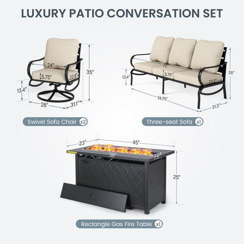 PHI VILLA 5-Seat Thick-cushion Classic Patio Sofa Sets with Leather Grain Fire Pit Table