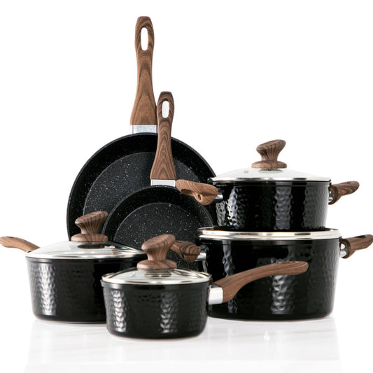 Kitchen Academy 15 Pieces Induction Black Hammered Finish Nonstick Pots and Pans Set