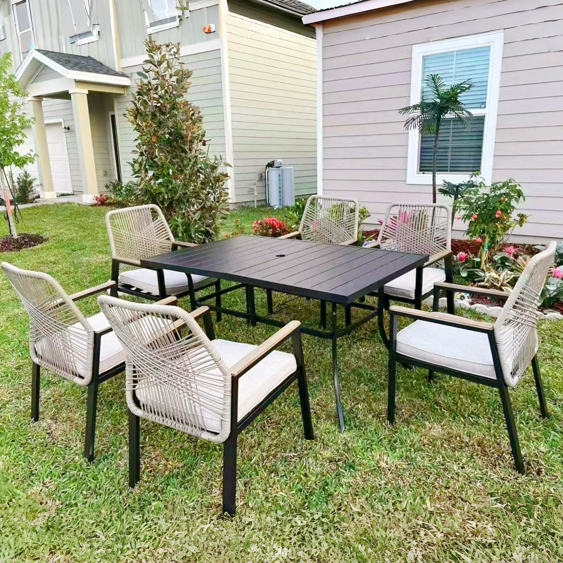 PHI VILLA 7-Piece Outdoor Patio Dining Set with Handcrafted Rattan