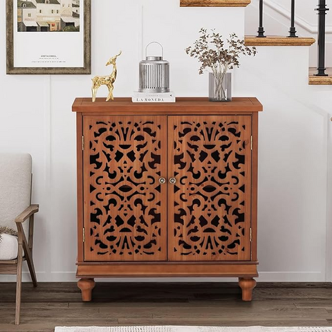 Vintage & Chic Hollow-Carved Accent Cabinet-MFSTUDIO