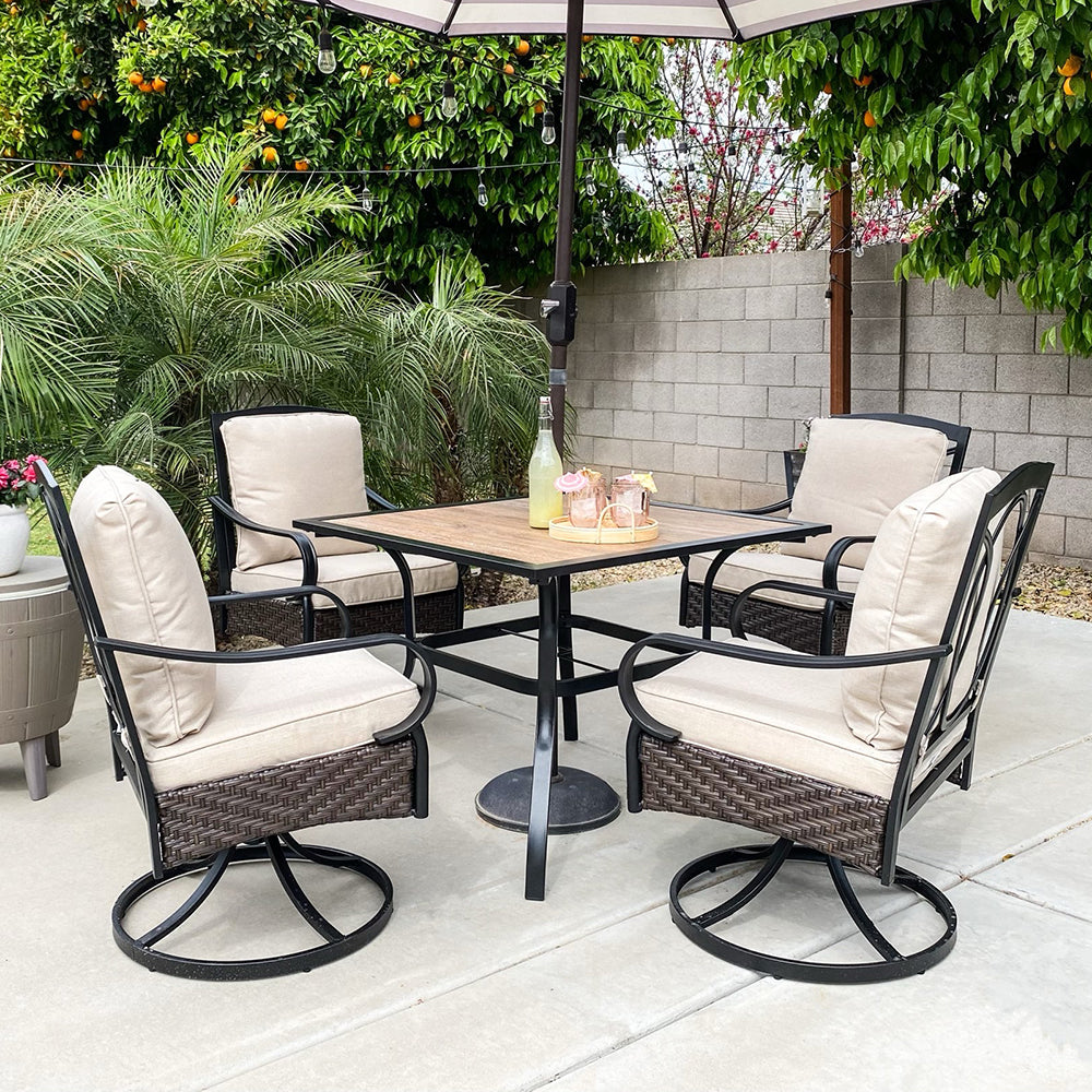 Sophia & William 5-Piece Wood-look Table & Cushioned Rattan-steel Chairs Outdoor Dining Set
