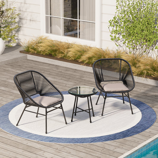 PHI VILLA 3-Piece Patio Conversation Set Rope Woven Chairs with Seat Pads & Tempered Glass Table