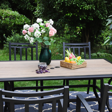 PHI VILLA Wood-look PVC Rectangle Steel Patio Dining Table