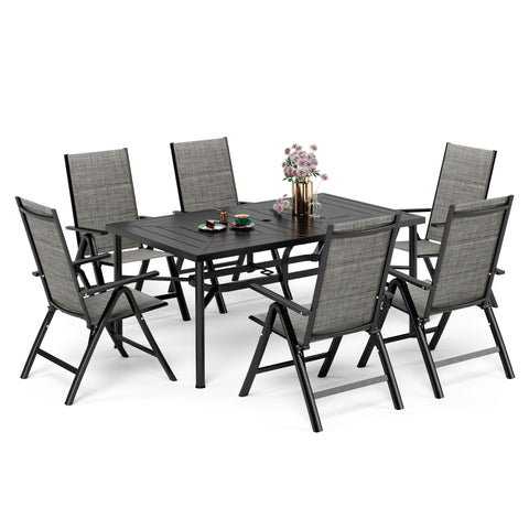 MFSTUDIO 7-Piece Patio Dining Set Geometrically Stamped Rectangle Table & Padded Textilene Foldable Chairs