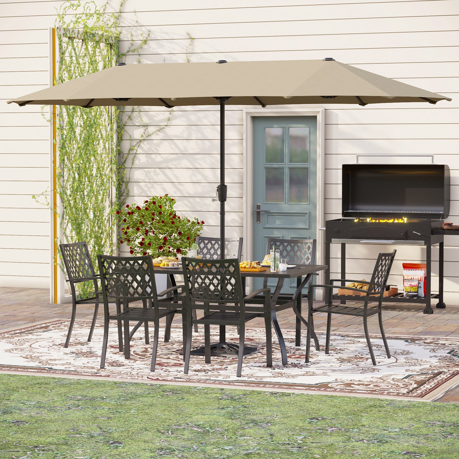 PHI VILLA 8-Piece Outdoor Dining Set with 13ft Umbrella Steel