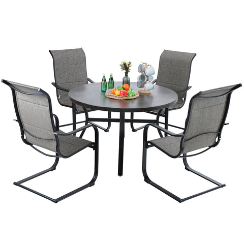MFSTUDIO Wood-look Pattern Metal Round Table & 4 Textilene C-Spring Chairs  5-Piece Outdoor Dining Set
