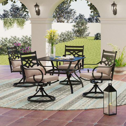 MFSTUDIO 5-Piece Outdoor Dining Set Steel Square Table & Elegant Cast Iron Pattern Dining Chairs