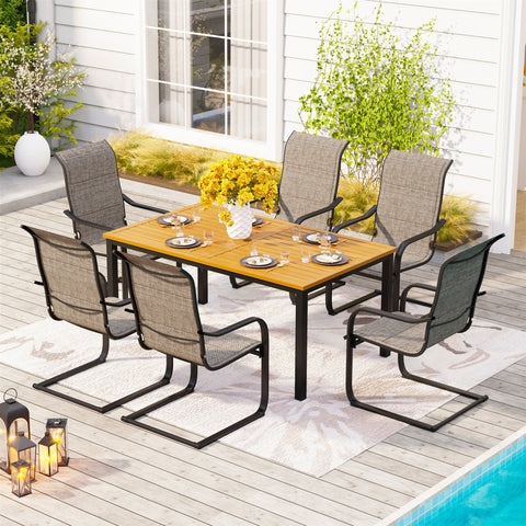 MFSTUDIO 7-Piece Patio Dining Set Teak-grain Table & Padded Textilene C-spring Chairs