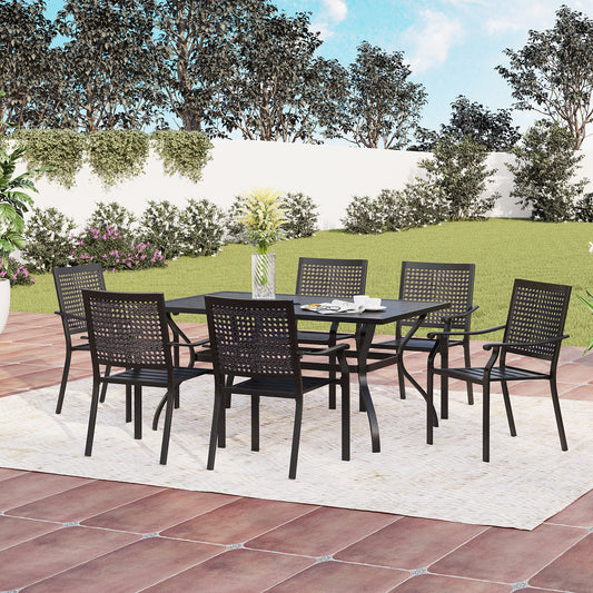 MFSTUDIO 7-Piece Outdoor Dining Set Steel Rectangle Table & Bull's Eye Pattern Dining Chairs