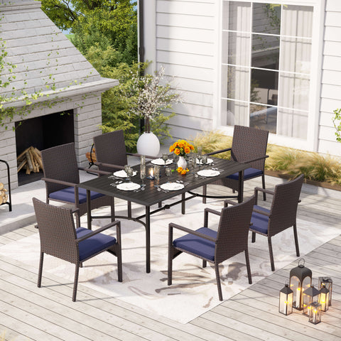 MFSTUDIO 7-Piece Patio Dining Set Bowed-bar Table & Cushioned Rattan Fixed Chairs