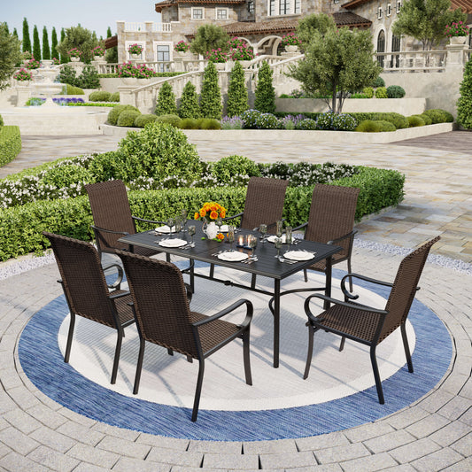 PHI VILLA 7-Piece Patio Dining Set Bowed-bar Table & High-back Rattan Chairs