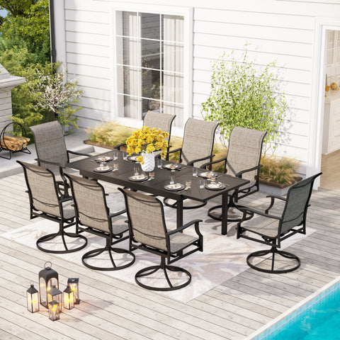 PHI VILLA 9/7-Piece Patio Dining Sets Large Extendable Table with Engraved Line & High-back Textilene Patio Dining Chairs