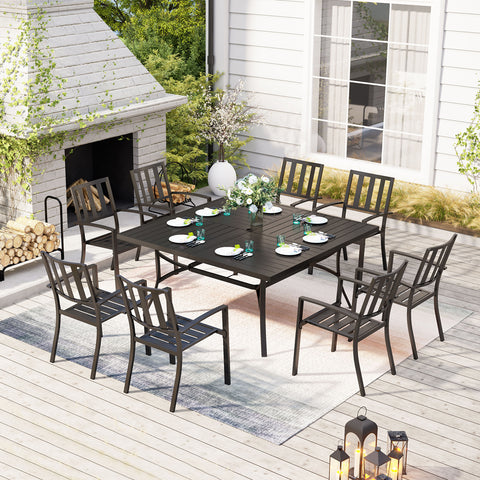 PHI VILLA 9-Piece Patio Dining Set Extra-large Square Table & Stackable Steel Fixed Chairs