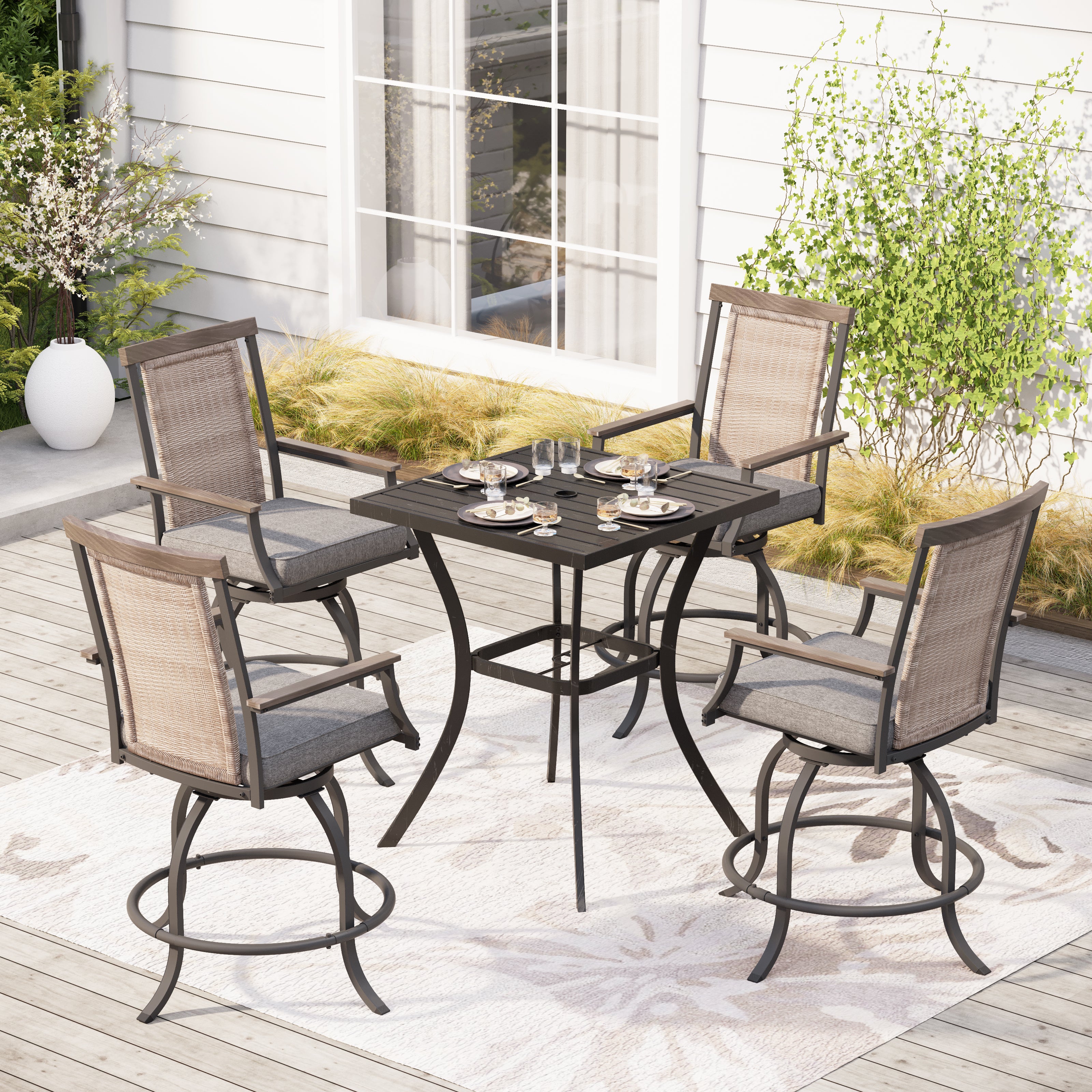 PHI VILLA Swivel Bar Stool Set Rattan Backrest Padded Grey