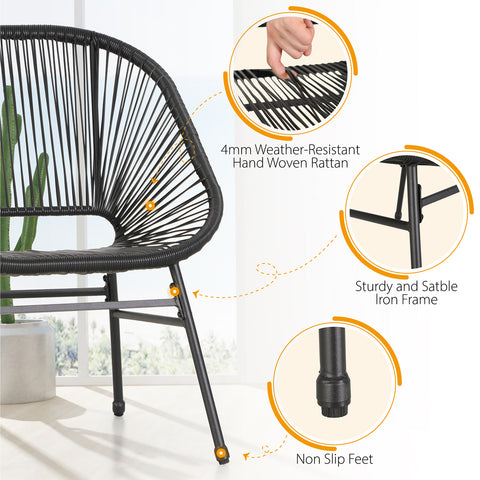 PHI VILLA 3-Piece Patio Conversation Set Rope Woven Chairs with Seat Pads & Tempered Glass Table