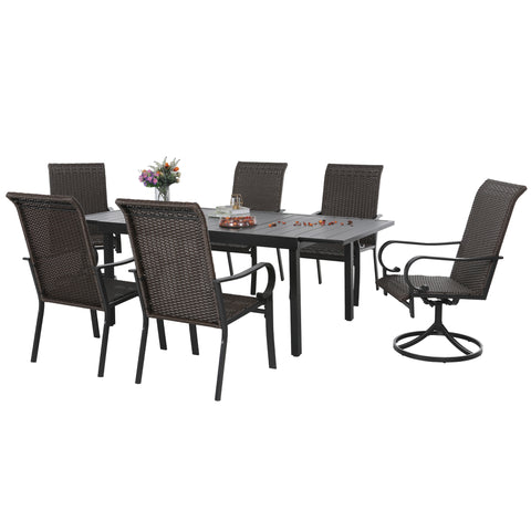 PHI VILLA Steel Extendable Table Rattan Swivel Chairs Patio Outdoor Dining Set
