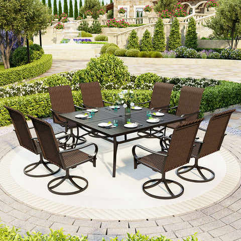 PHI VILLA 9-Piece Patio Dining Set Extra Large Square Table & Cushioned Rattan Fixed Chairs