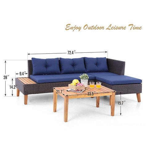 MFSTUDIO 3-Piece Patio Wicker Sectional Sofa With Acacia Wood Coffee Table