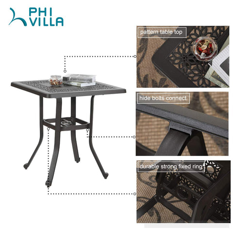 MFSTUDIO Patio Cast Aluminum Bistro Square Dining Table with Umbrella Hole