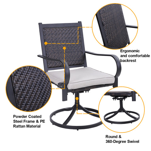 PHI VILLA 3-Piece Umbrella Base Table & 2 Rattan Swivel Chairs Outdoor Patio Bistro Set