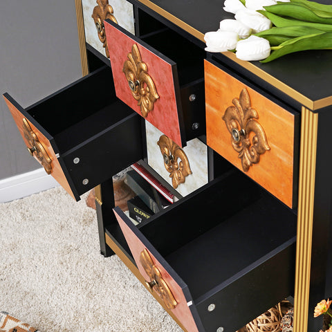 6-Drawer Royal Flower Console Table with Bottom Shelf -MFSTUDIO