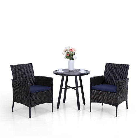 MFSTUDIO Small Round Table & Cushioned Rattan Dining Chairs 3-Piece Patio Bistro Set