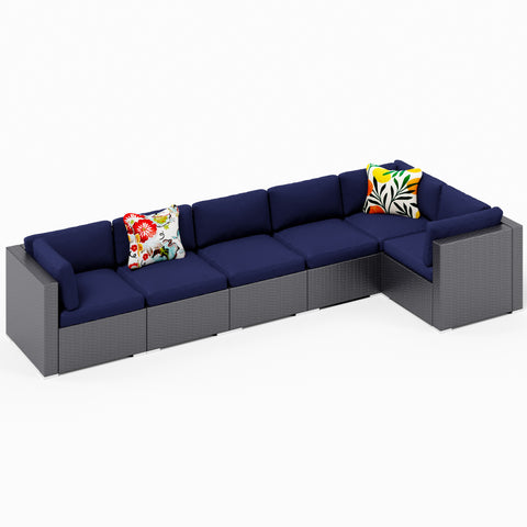Phi Villa Blue Rattan 6-Piece Patio Sectional Sofa Set