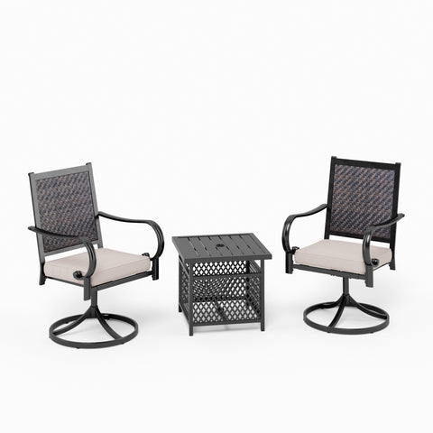 PHI VILLA 3-Piece Umbrella Base Table & 2 Rattan Swivel Chairs Outdoor Patio Bistro Set
