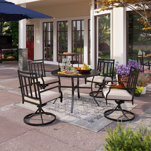 PHI VILLA 5-Piece Geometrically Stamped Round Table & Swivel Dining Chairs Outdoor Dining Set