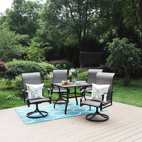 PHI VILLA Wood-look Table & 4 Textilene Swivel Chairs 5-Piece Outdoor Dining Set