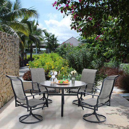 Phi Villa Wood-Pattern Round Table & 4 Textilene Swivel Chairs 5-Piece Outdoor Dining Set