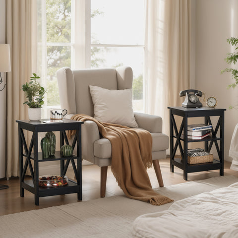 PHI VILLA Black End Table Side Table for Living Room, Set of 2