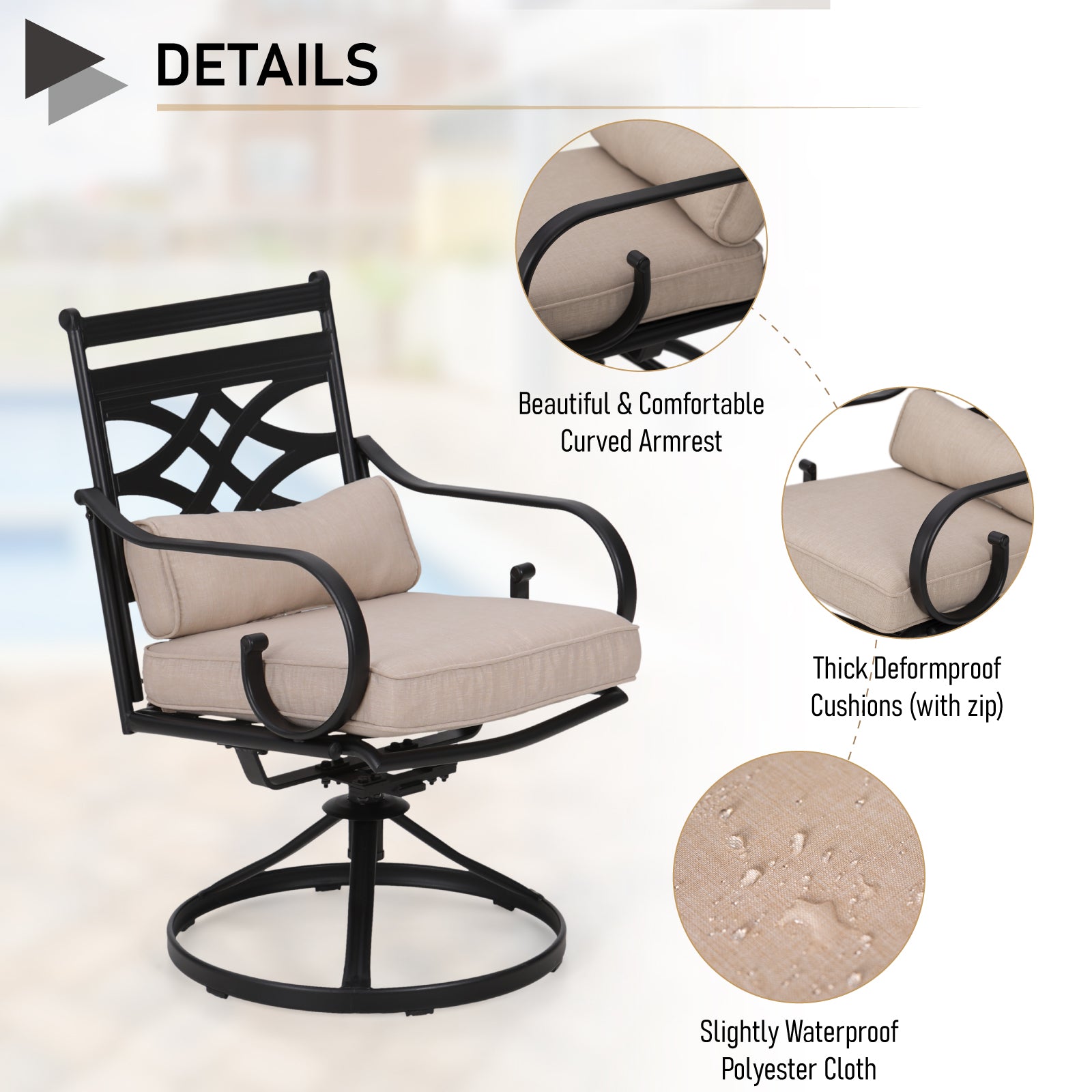 MFSTUDIO 5-Piece Patio Dining Set Teak-grain Table Cast-iron Pattern Swivel Chairs