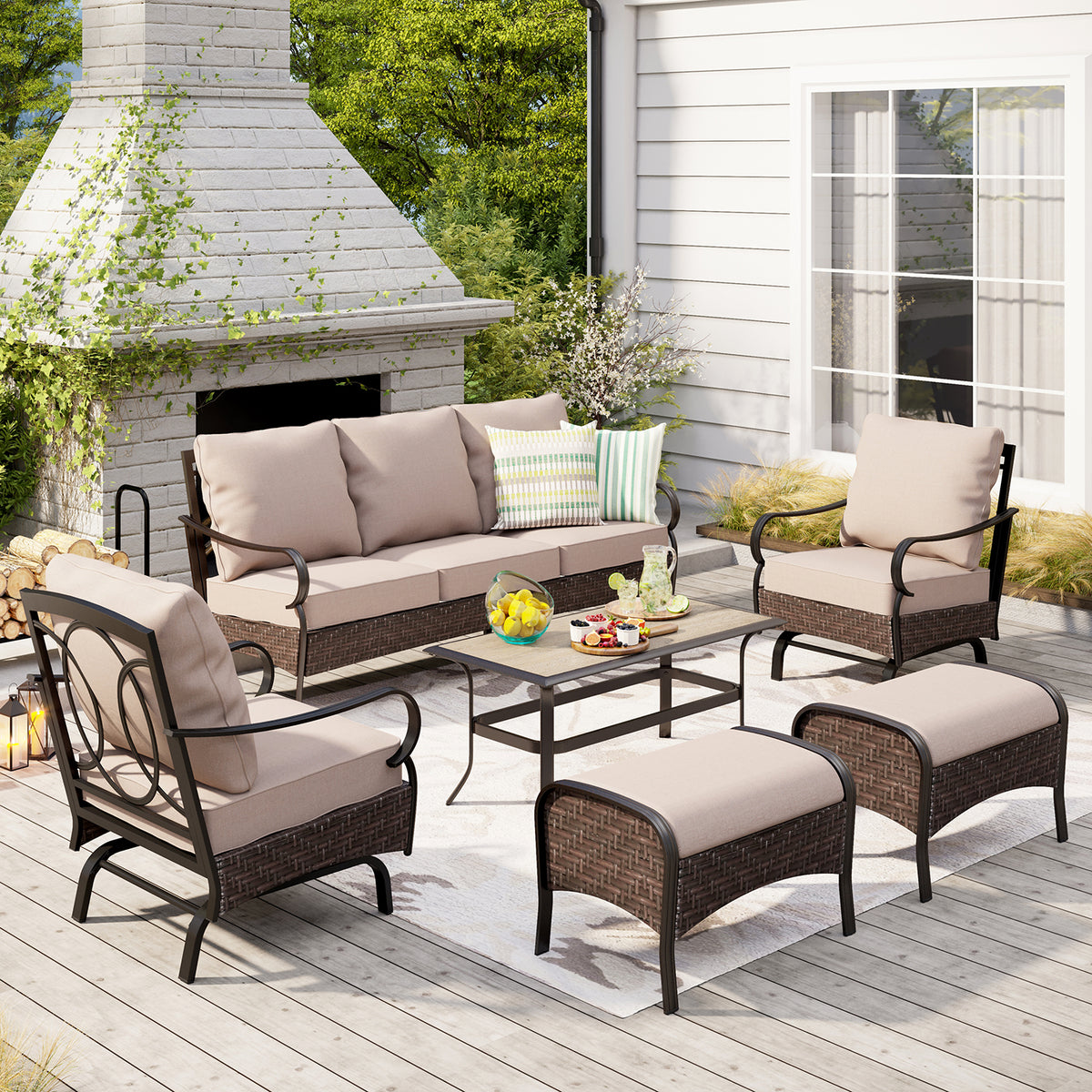 PHI VILLA 7-Seat Steel-Rattan Patio Conversation Sofa Set with Thick Cushions
