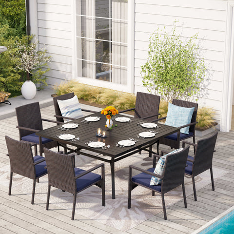 MFSTUDIO 9-Piece Patio Dining Set Extra Large Square Table & Cushioned Rattan Fixed Chairs