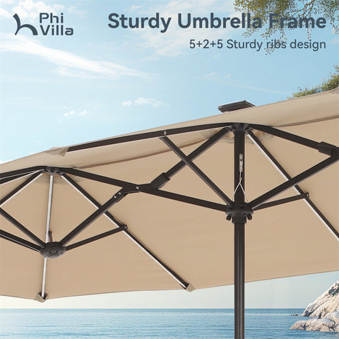 PHI VILLA 13ft Large Double-Sided Patio Umbrella with Solar Powered LED Lights