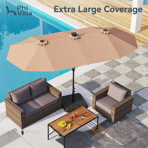 PHI VILLA 13ft Large Double-Sided Patio Umbrella with Solar Powered LED Lights