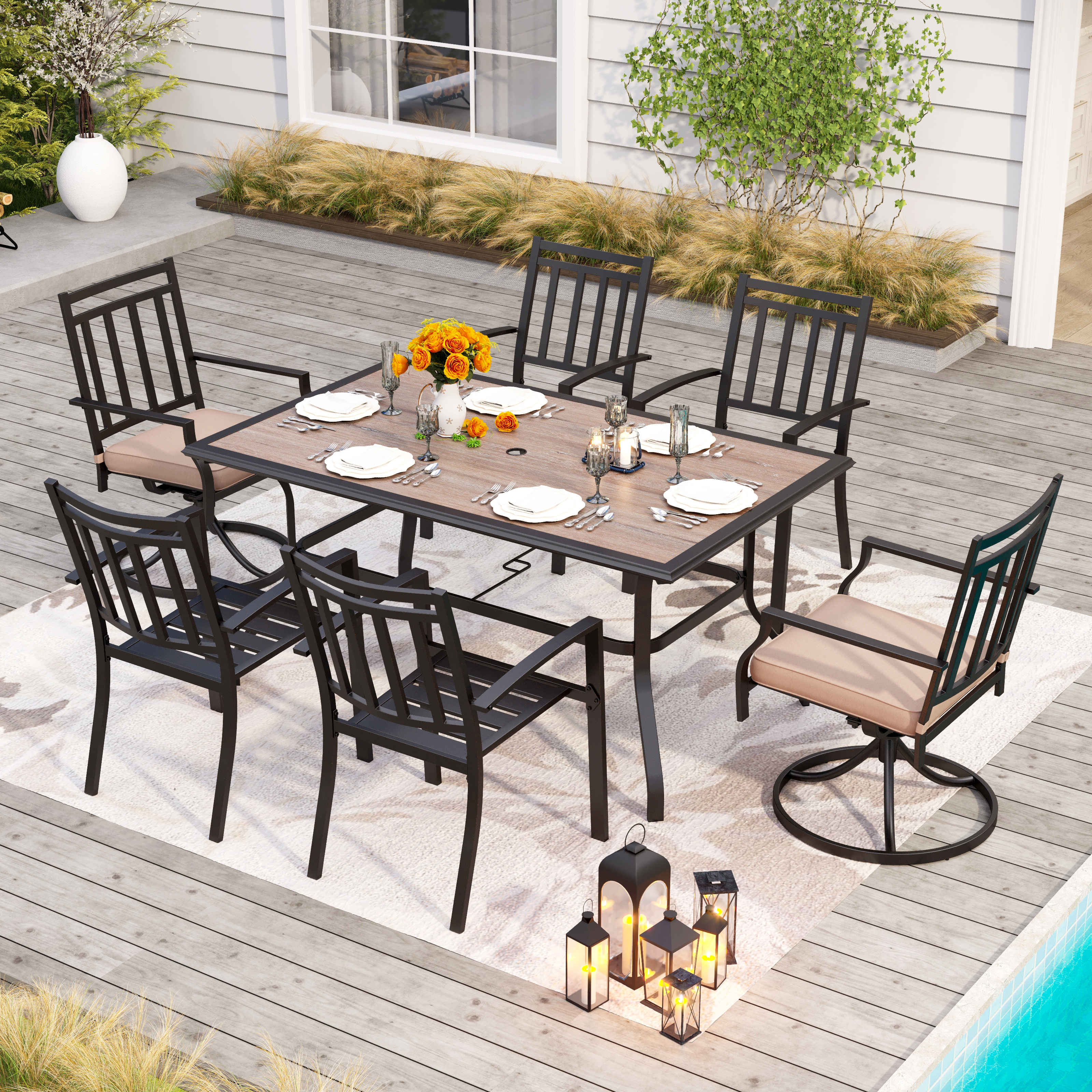 PHI VILLA Wood-look Table and 6 Swivel Chairs 7-Piece Metal Steel Outdoor Patio Dining Set