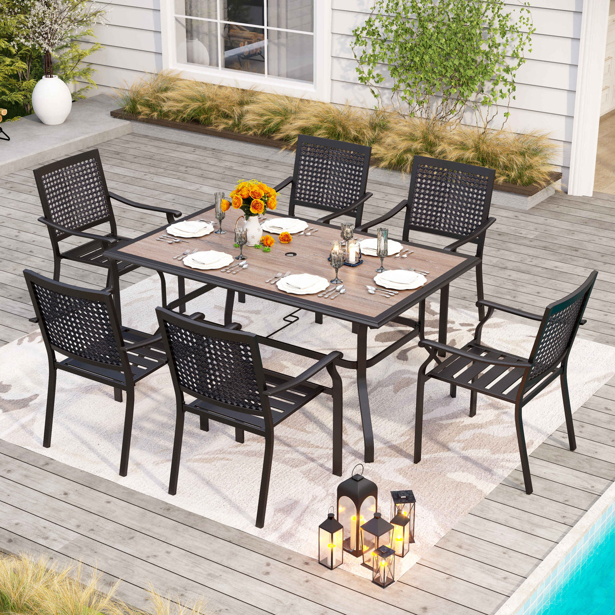 MFSTUDIO 7-Piece Outdoor Dining Set Wood-look Table & Bull's Eye Pattern Dining Chairs