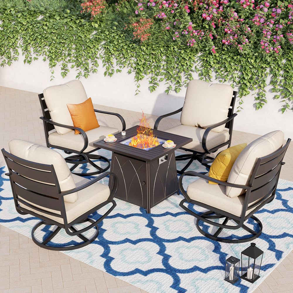 PHI VILLA 4-Seat Classic Luxurious Outdoor Fire Pit Table Sofa Set with 4 Single Sofas