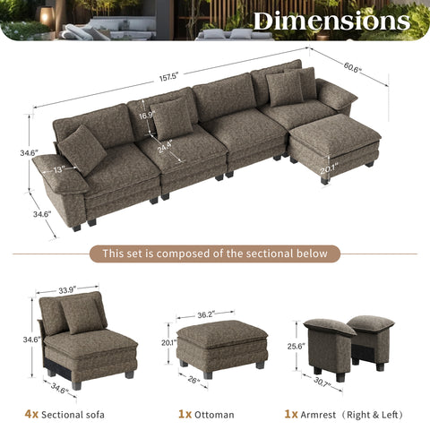 PHI VILLA Modular Chenille Cloud Sofa with Ottoman for Living Room & Apartment