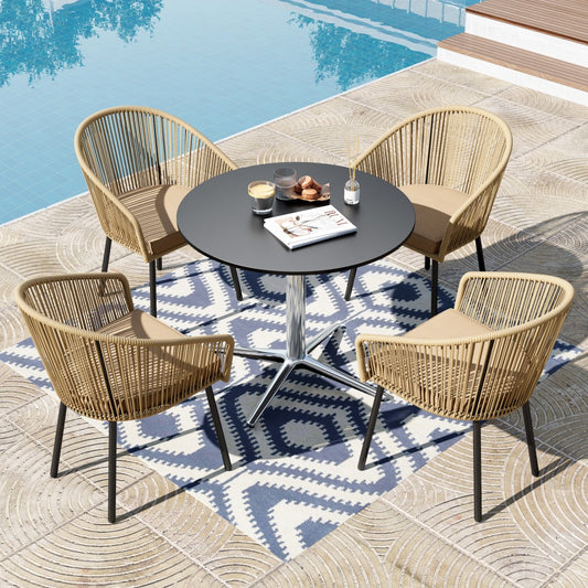 PHI VILLA 5-piece Outdoor Dining Set with Rope Rattan Chairs and Pedestal Table