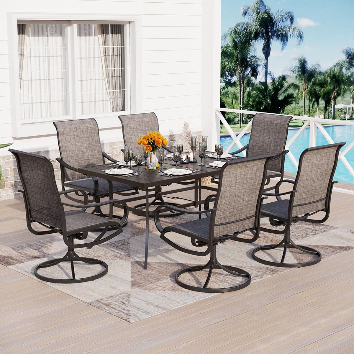 PHI VILLA 8-Piece 13ft Umbrella Patio Dining Set Textilene Swivel Chairs & Steel Table