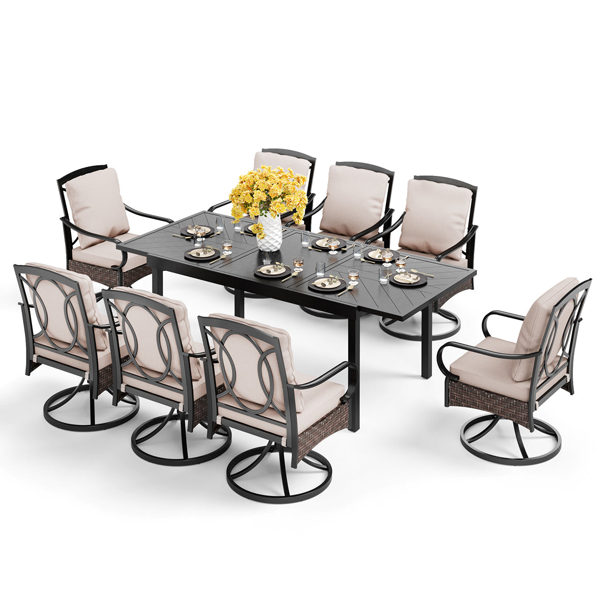 Sophia & William 9/7-Piece Patio Dining Set Embossed Extendable Table & Rattan-steel Swivel Chairs with Thick Cushions
