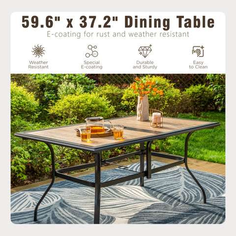 PHI VILLA Wood-look PVC Rectangle Steel Patio Dining Table